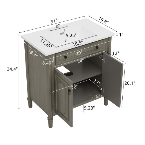 31" Vintage Bathroom Vanity with Sink, Rustic Bathroom Cabinet with Soft Close Doors and Adjustable Shelf, Curved Profile Design, Rubber Wood Legs, Gray