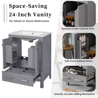 24-inch bathroom vanity with integrated undermount basin and a storage cabinet featuring 2 doors and 1 drawer. Includes double-layer door shelf, soft-close design, and versatile storage solutions