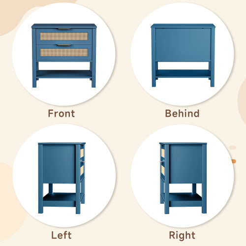 Rattan Nightstand with 2 Drawers and Storage Shelf Boho Bedside Narrow Side Table for Bedroom