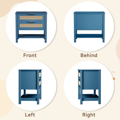 Rattan Nightstand with 2 Drawers and Storage Shelf Boho Bedside Narrow Side Table for Bedroom
