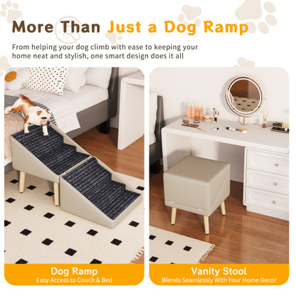 Light Grey 2-in-1 Split Design Wooden Dog Ramp Ottoman 22.83 inch, Non-Slip Pet Stairs for Older Dogs