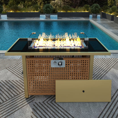 K&K 43" Propane Gas Fire Pit Table, 60000 BTU Rectangular Open Weave Wicker Fire Pit with Glass Wind Guard for Outside Patio Deck Garden Backyard - Orange & Mustard Yellow