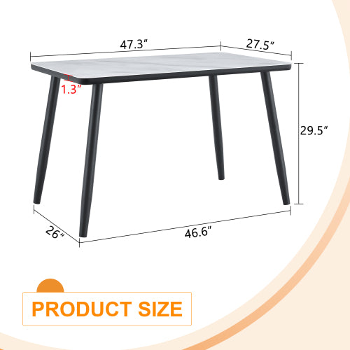 Marble Pattern Glass Dining Table with Black Tapered Metal Legs