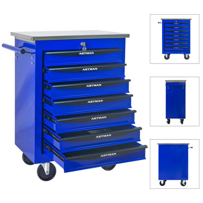 7 Drawers Multifunctional Tool Cart with Wheels Metal Rolling Tool Cart Storage with Stainless Steel Roof Black Blue