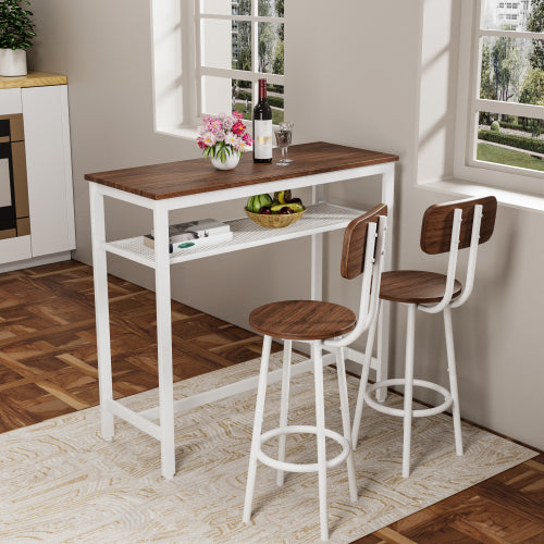 3-Piece Wood Top Bar Set, White Steel Frame Table & 2 Stools with Rack
