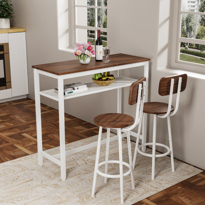 3-Piece Wood Top Bar Set, White Steel Frame Table & 2 Stools with Rack