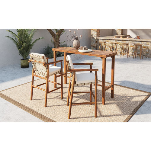 3 Piece Outdoor Bar Set, Patio Acacia Wood Bar Height Table & 2 Stools with Cushions, Wood Dining Bar Set for Backyard, Poolside, Balcony, Beige Cushions