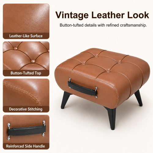 Rectangular Tufted Faux Leather Storage Ottoman with Portable Handle & Metal Legs, Multi-Function Foot Stool for Bedroom