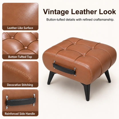 Rectangular Tufted Faux Leather Storage Ottoman with Portable Handle & Metal Legs, Multi-Function Foot Stool for Bedroom