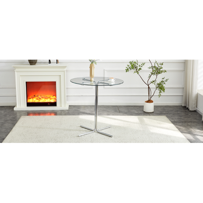 Round glass bar high table, 36 inch round bar table, tempered glass tabletop, sturdy silver chrome plated four column support, suitable for transparent round bar tables in small spaces, kitchens