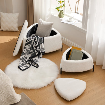 29.9 Inch Ivory 2-Piece Faux Fur Storage Ottoman Set, Nesting Footstool with Reversible Lid & Metal Legs, 275 LBS Capacity