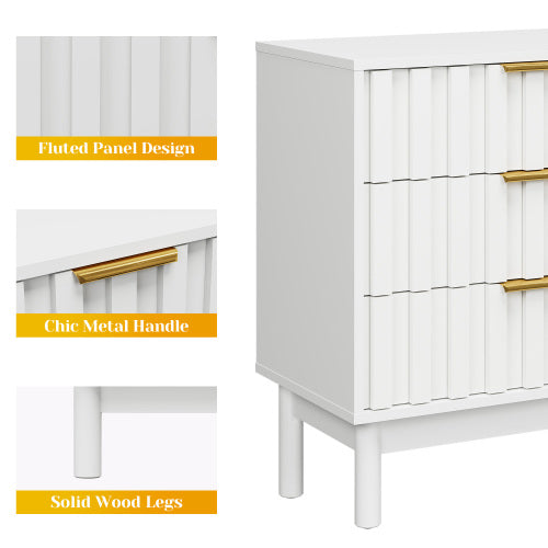 White 3-Drawer Fluted Dresser, P2 MDF, 23.6inch*14.2inch*26.8inchH