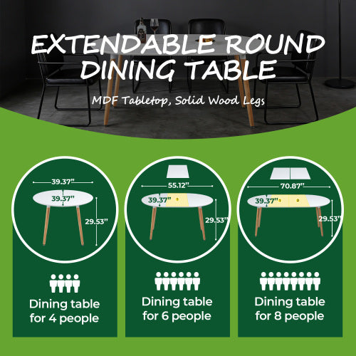 Adjustable Extendable Dining Table, MDF Top Wood Leg Multi-Function Office Coffee Table 100-180cm Size