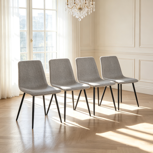 Set of 4 Grey Linen Upholstered Dining Chairs, High Back Side Chairs with Sturdy Black Metal Legs for Dining Room & Kitchen