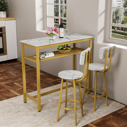 3-Piece Counter Height Dining Set with White Faux Marble Tabletop and 2 Stools, Space Saving Bar Table Set