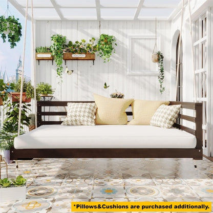 Country Patio Wooden Twin Size Swing Daybed Porch Swing Frame with 4pcs 96-inch Hemp Ropes for Backyard, Garden, Brown