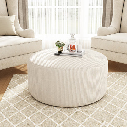 30.5 inch Beige Corduroy Round Modular Ottoman, Wood Frame Spring Coil Padded Multifunctional Footrest