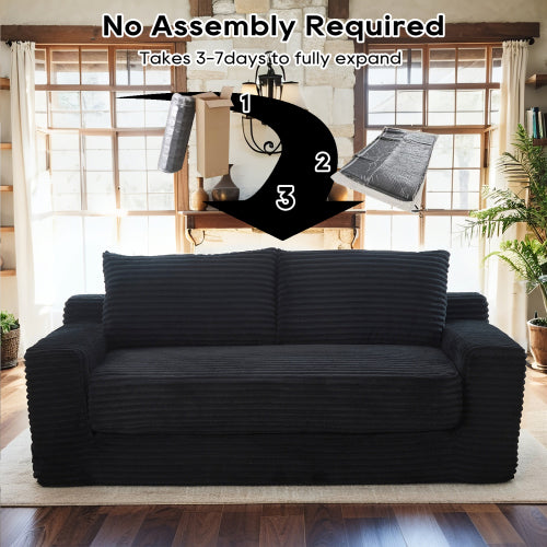 Black Memory-Foam Compressed Corduroy Convertible Loveseat, No Assembly