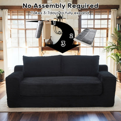 Black Memory-Foam Compressed Corduroy Convertible Loveseat, No Assembly