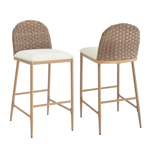 29.5inch Farmhouse Barstools Set of 2,Upholstered  Armless Iron Counter Stools with rattan Backrest for Kitchen Dining Island Table,Brown+Beige