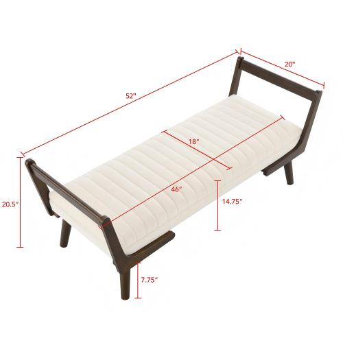 52 inch Beige Chenille Mid-Century Bench Ottoman, Walnut Wood Leg Upholstered Foot Stool, 300 LBS Capacity