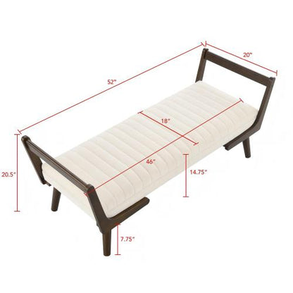 52 inch Beige Chenille Mid-Century Bench Ottoman, Walnut Wood Leg Upholstered Foot Stool, 300 LBS Capacity