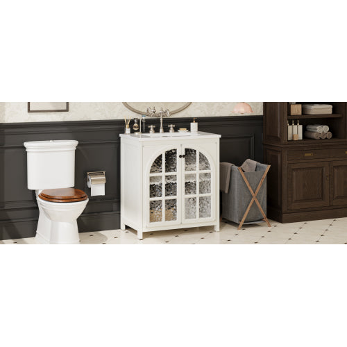 31" Farmhouse Bathroom Vanity with Ceramic Sink, Faux Aged Finish, Vintage Rustic Bathroom Cabinet with Bronze Pulls and 2 Soft-Closing Doors, Antique White