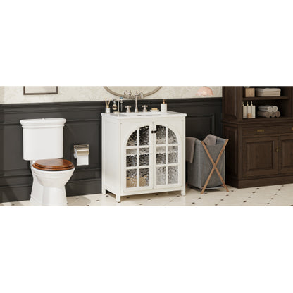 31" Farmhouse Bathroom Vanity with Ceramic Sink, Faux Aged Finish, Vintage Rustic Bathroom Cabinet with Bronze Pulls and 2 Soft-Closing Doors, Antique White