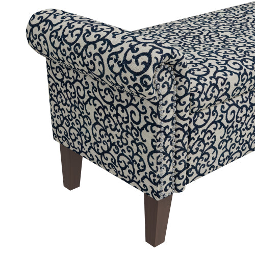 Traditional Rolled Arm Storage Bench Ottoman with Pewter Nailhead Trim in Black Curly Vine Pattern with Dark Brown Solid Wood Legs
