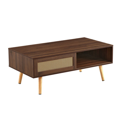 PE Rattan Coffee Table Sliding Door Storage Solid Wood Legs Walnut Accent Table