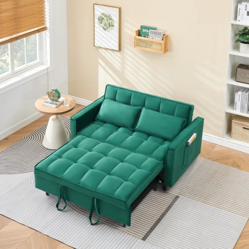 55-Inch Green Velvet 3-in-1 Convertible Sleeper Loveseat Sofa-Bed with Side Pockets for Living-Room Guest-Room