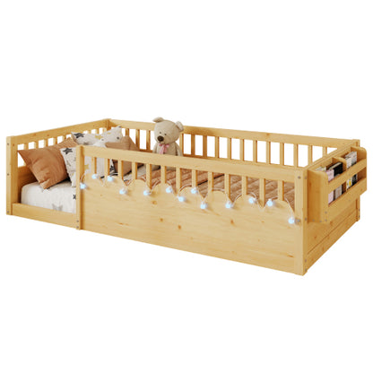 Twin Montessori Floor Bed Frame with High Rails, Wood Kids Floor Beds with Light and Storage Shelf, Natural