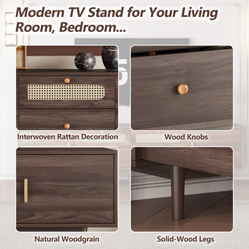 76.8 inch Dark Brown PE Rattan TV Stand Soft Close Cabinets For 85 Inch Large Screen TV