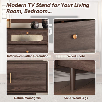 76.8 inch Dark Brown PE Rattan TV Stand Soft Close Cabinets For 85 Inch Large Screen TV