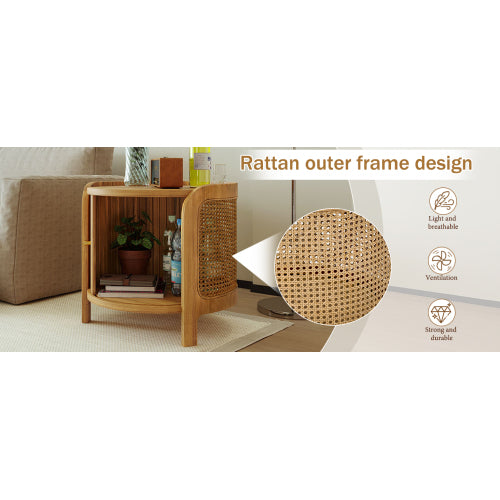Round Rotating Coffee Table Rattan Hidden Storage MDF Modern Living Room Table