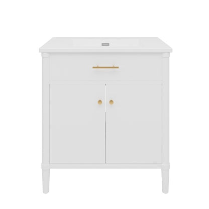 31" Bathroom Vanity with Sink, Bathroom Cabinet with Soft Close Doors and Adjustable Shelf, Curved Profile Design, Rubber Wood Legs, White