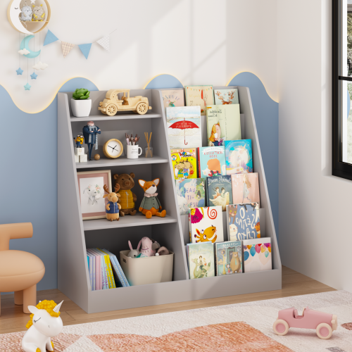 Gray 4-Tier Kids MDF Bookshelf, Multi-use Toy & Book Storage Unit for Nursery Playroom Bedroom