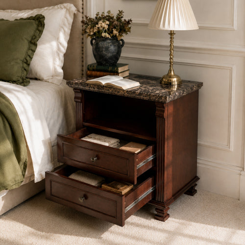 Walnut Tall Nightstand with Charging Station, Marble Grain 2-Drawer Bedside Table for Bedroom & Living Room