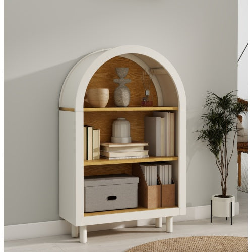 Arched Small Bookcase,Arched Storage Cabinet,Wooden Modern Arched Top Bookshelf with 3 Shelves,White with Woodgrain Shelves, 3-Tier Storage Shelf for Living Room, Bedroom, Entryway