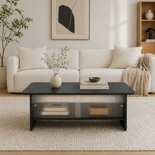 47 Inch Modern Coffee Table with Fluted Glass Sliding Doors, Black