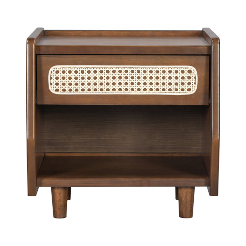 Walnut Nightstand with Rattan Detail, MDF + Solid Wood, Modern Bedroom Storage, Open Shelf & Drawer, Indoor Furniture