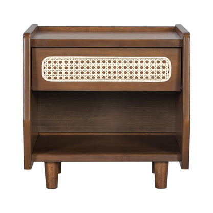 Walnut Nightstand with Rattan Detail, MDF + Solid Wood, Modern Bedroom Storage, Open Shelf & Drawer, Indoor Furniture