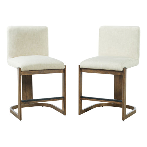 Modern Bar Stools Set of 2, 24inch Solid Wood Counter Height Barstools, Linen Upholstered Kitchen Island Chair With Walnut-Finished Wood Legs for Home Bar Coffee Shop,Beige