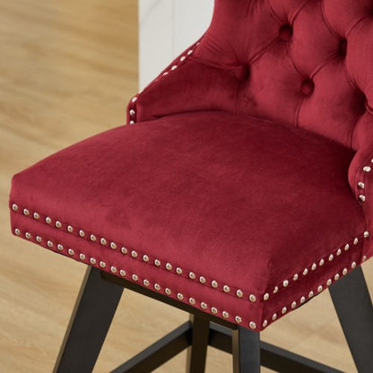 Swivel Velvet Barstools with Button Tufted Decoration and Wooden Legs, and Chrome Nailhead Trim, Leisure Style Bar Chairs,Bar stools, Set of 2 (Wine Red)