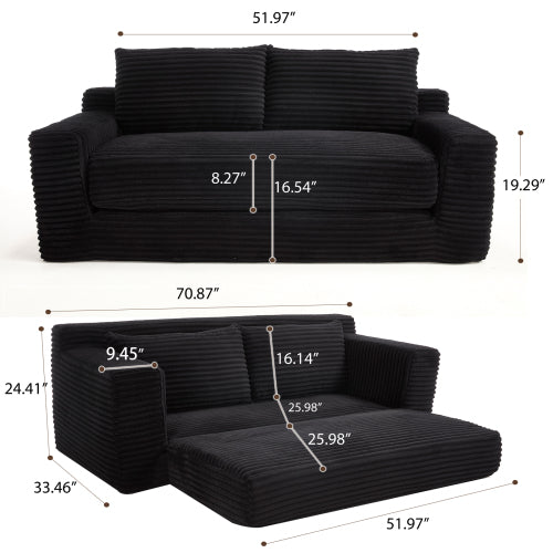 Black Memory-Foam Compressed Corduroy Convertible Loveseat, No Assembly