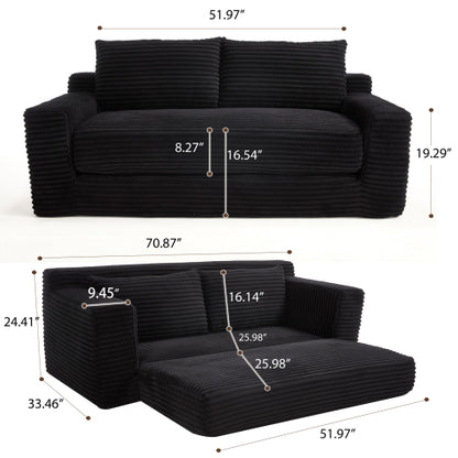 Black Memory-Foam Compressed Corduroy Convertible Loveseat, No Assembly