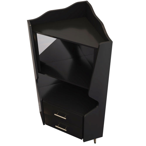 Wooden Corner bar cabinet with 2 open storage shelves and 2 drawers, mirrored back sideboard cabinet, high feet/legs for easy cleaning, buffet cabinet BLACK