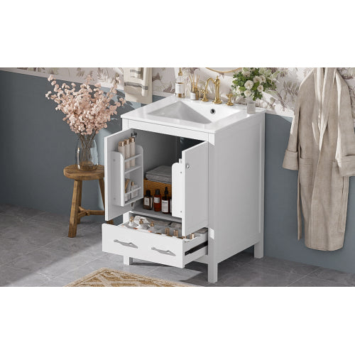 24-inch bathroom vanity with integrated undermount basin and a storage cabinet featuring 2 doors and 1 drawer. Includes double-layer door shelf, soft-close design, and versatile storage solutions