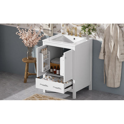 24-inch bathroom vanity with integrated undermount basin and a storage cabinet featuring 2 doors and 1 drawer. Includes double-layer door shelf, soft-close design, and versatile storage solutions