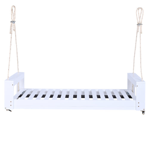 Twin Size Porch Swing Bed Seating Group, Patio Acacia Wood Swing Frame with Hemp Ropes for Garden, Backyard, White
